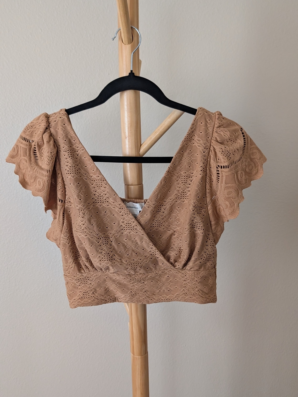 URBAN Romantics Tan Eyelet Wrap Crop Top with Scalloped Sleeves